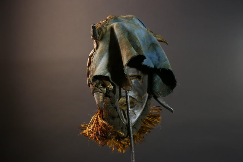 African Dan Wooden Mask Cowrie Shells Antelope Horn Raffia Beard Cloth Backing Tribal Art Home Decor Vintage Rare Gift Handmade-G5690