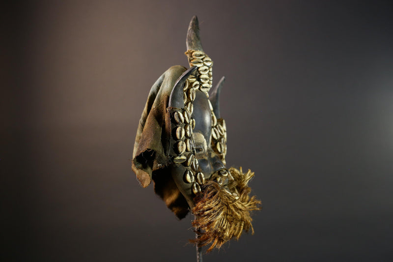 African mask wooden cowrie shell antelope horn raffia beard cloth backing authentic tribal home decor wall sculpture vintage gift-G5691