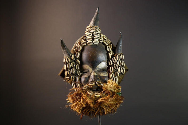 African mask wooden cowrie shell antelope horn raffia beard cloth backing authentic tribal home decor wall sculpture vintage gift-G5691