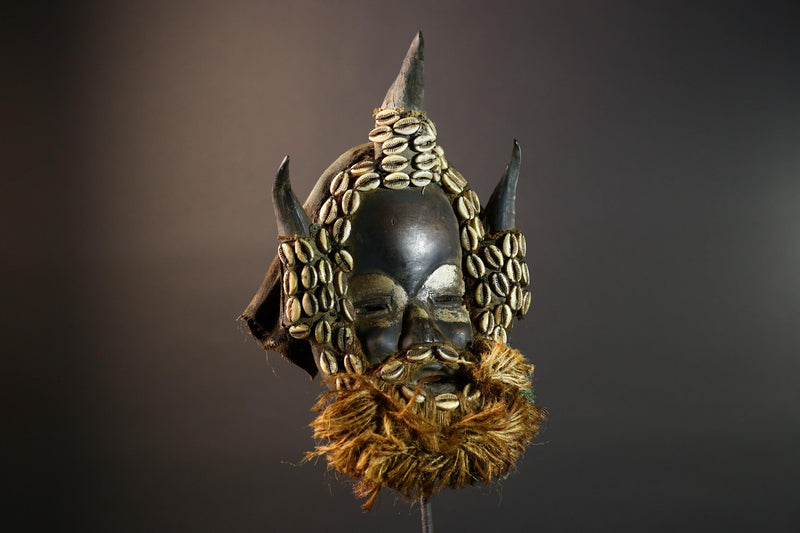 African mask wooden cowrie shell antelope horn raffia beard cloth backing authentic tribal home decor wall sculpture vintage gift-G5691