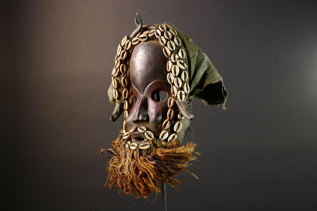 African Dan Mask Hand Carved Wood with Raffia Beard Cowrie Shell Trim Tribal Art Decor Unique Ethnic Wall Hanging Collectible and Home-G5692