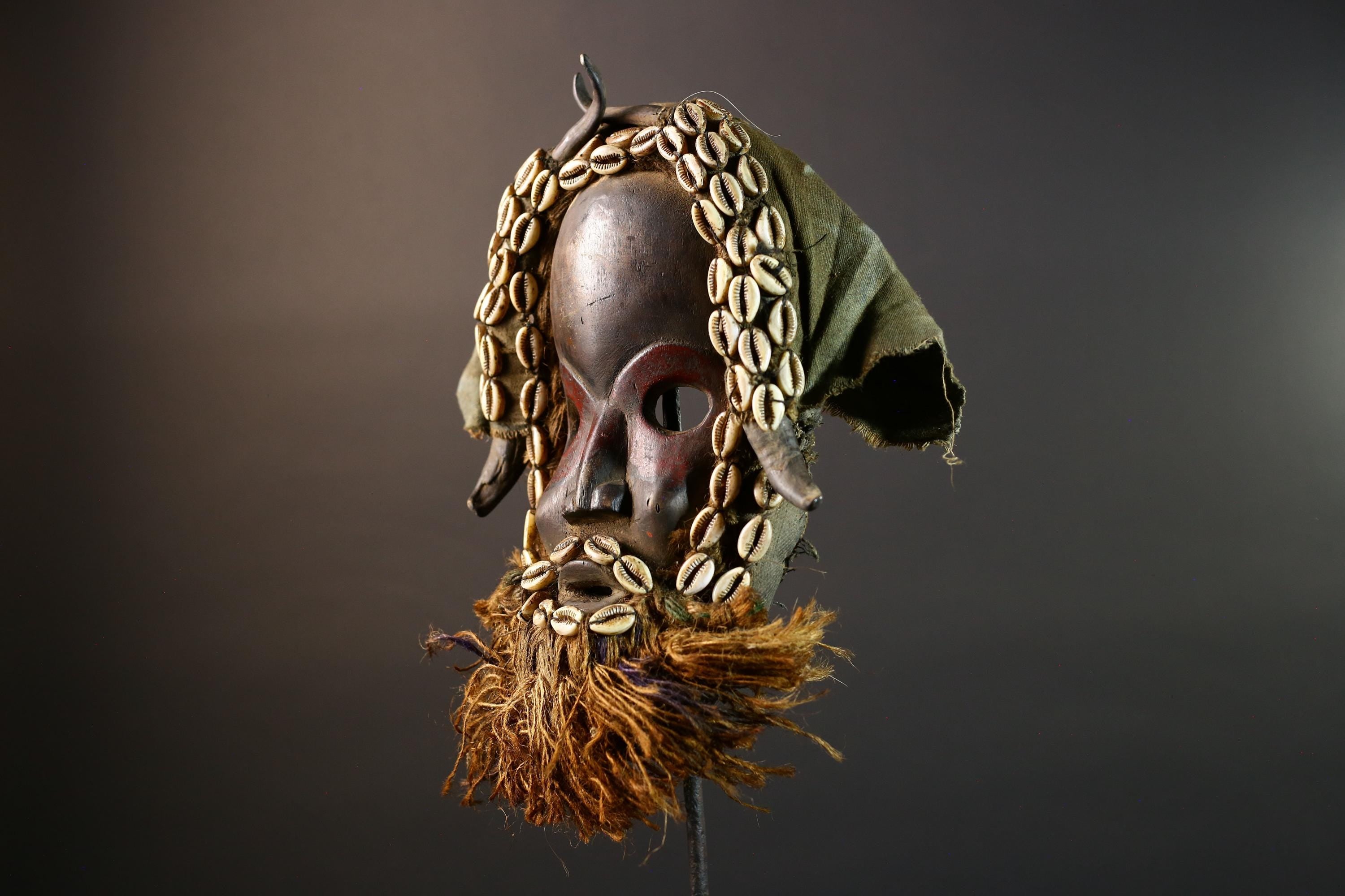 African Dan Mask Hand Carved Wood with Raffia Beard Cowrie Shell Trim Tribal Art Decor Unique Ethnic Wall Hanging Collectible and Home-G5692