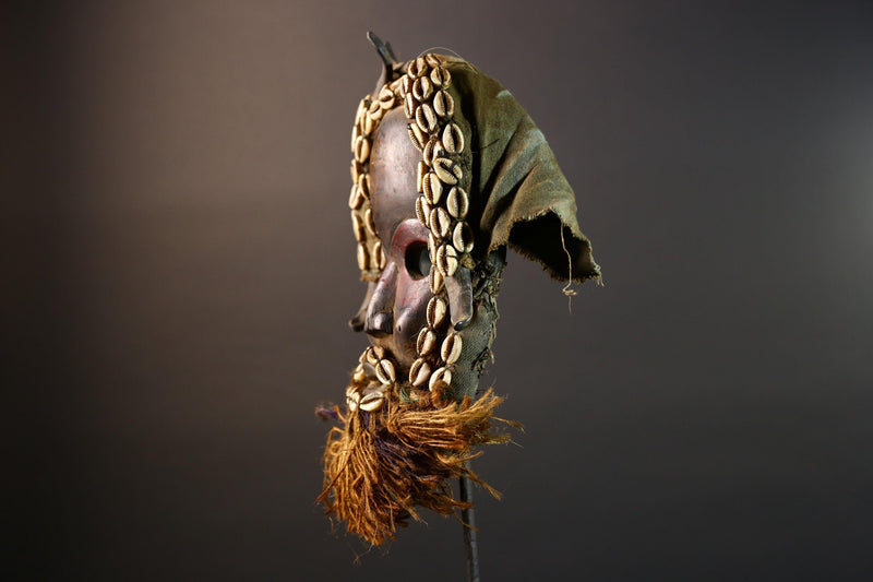 African Dan Mask Hand Carved Wood with Raffia Beard Cowrie Shell Trim Tribal Art Decor Unique Ethnic Wall Hanging Collectible and Home-G5692