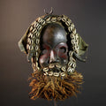 African Dan Mask Hand Carved Wood with Raffia Beard Cowrie Shell Trim Tribal Art Decor Unique Ethnic Wall Hanging Collectible and Home-G5692