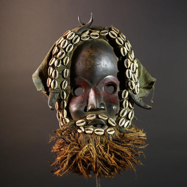 African Dan Mask Hand Carved Wood with Raffia Beard Cowrie Shell Trim Tribal Art Decor Unique Ethnic Wall Hanging Collectible and Home-G5692