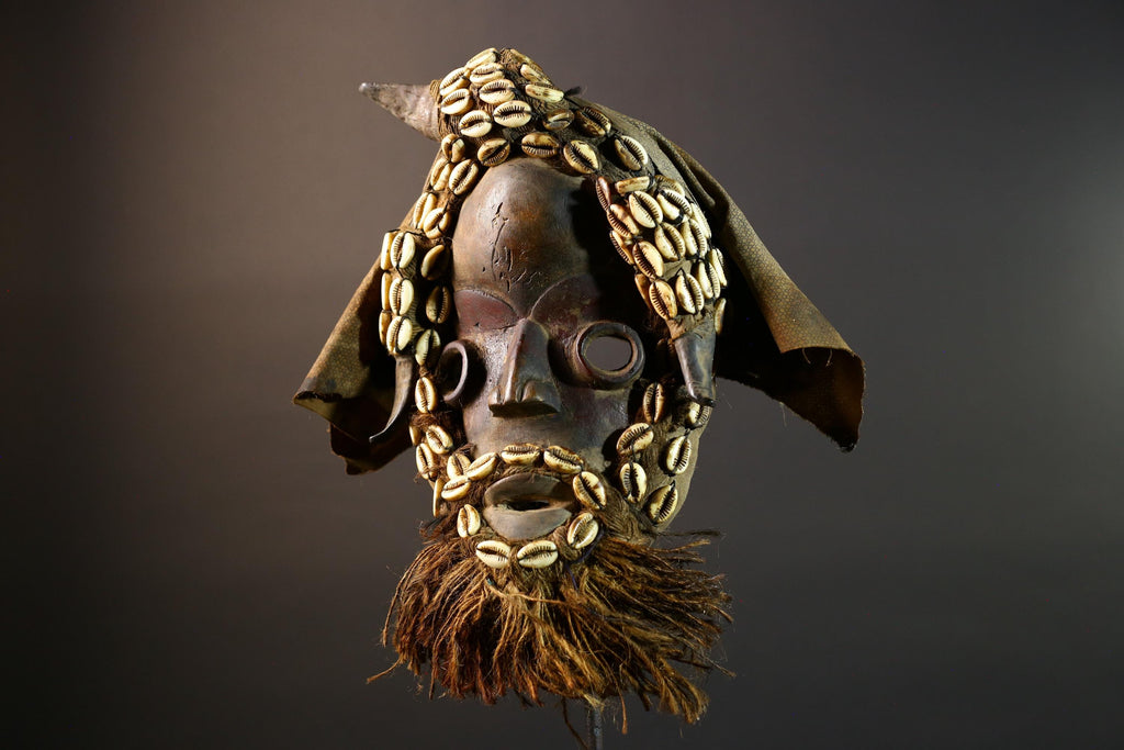 African Dan Mask Handcrafted Tribal Wood Wall Decor Authentic Cultural Art Sculpture with Cowrie Shells and Raffia Beard-G5693