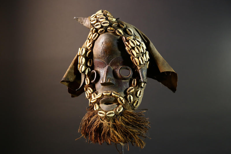 African Dan Mask Handcrafted Tribal Wood Wall Decor Authentic Cultural Art Sculpture with Cowrie Shells and Raffia Beard-G5693