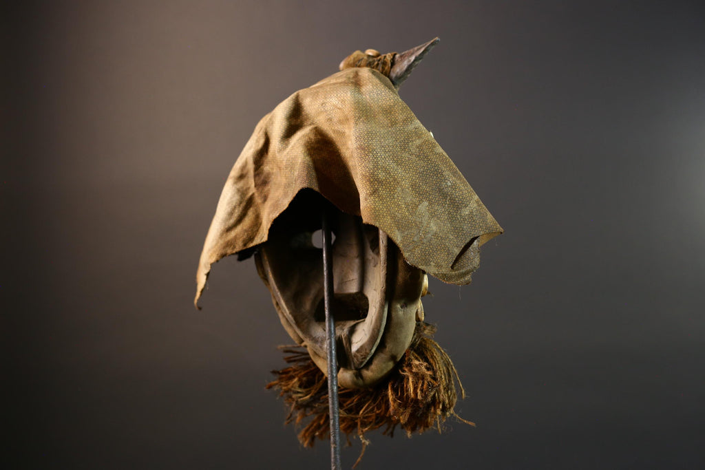 African Dan Mask Handcrafted Tribal Wood Wall Decor Authentic Cultural Art Sculpture with Cowrie Shells and Raffia Beard-G5693