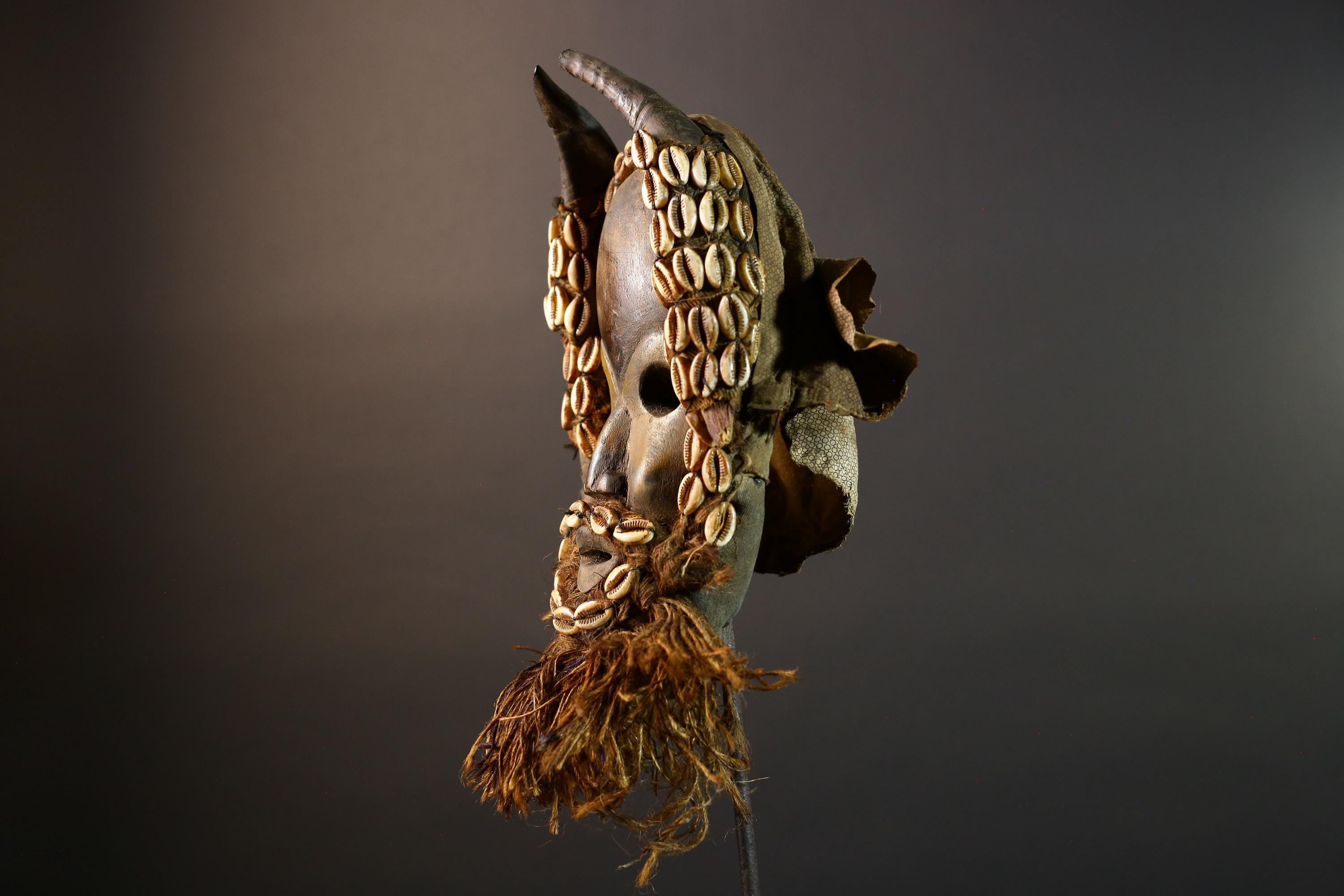 Vintage Dan Mask Hand Carved Wood Shell Adorned Raffia Beard African Tribal Face Sculpture Wall Hanging Decor  Cultural Keepsake-G5694