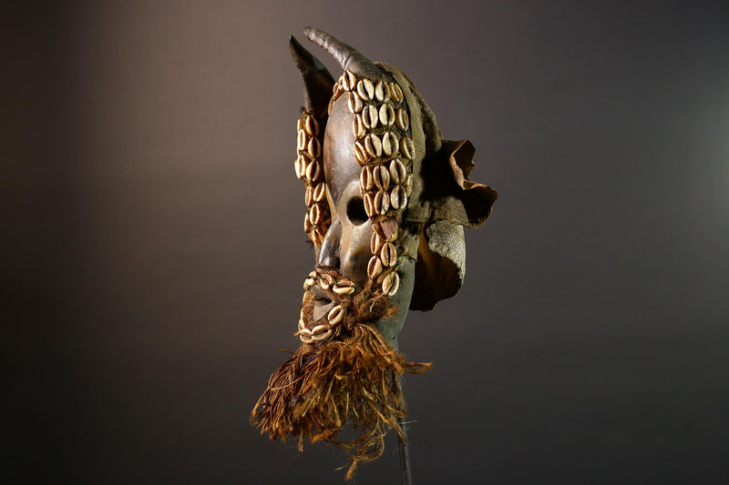 Vintage Dan Mask Hand Carved Wood Shell Adorned Raffia Beard African Tribal Face Sculpture Wall Hanging Decor  Cultural Keepsake-G5694