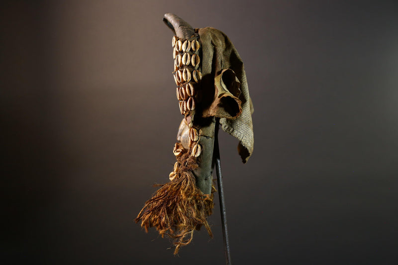 Vintage Dan Mask Hand Carved Wood Shell Adorned Raffia Beard African Tribal Face Sculpture Wall Hanging Decor  Cultural Keepsake-G5694