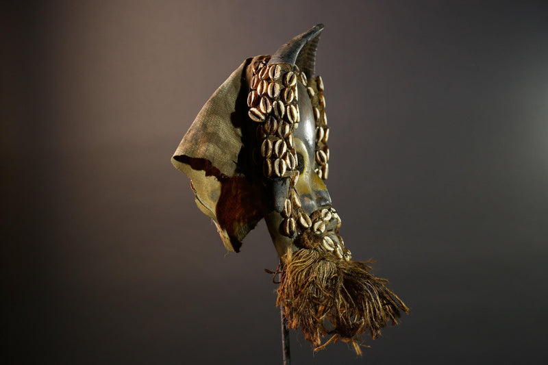 Vintage Dan Mask Hand Carved Wood Shell Adorned Raffia Beard African Tribal Face Sculpture Wall Hanging Decor  Cultural Keepsake-G5694