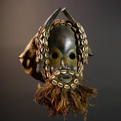 Vintage Dan Mask Hand Carved Wood Shell Adorned Raffia Beard African Tribal Face Sculpture Wall Hanging Decor  Cultural Keepsake-G5694