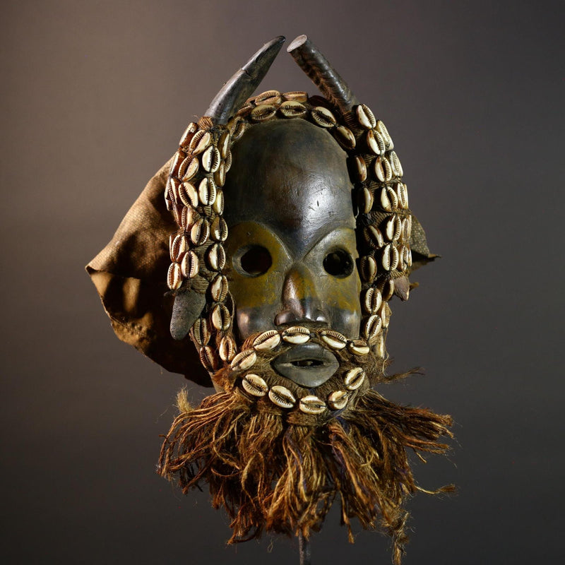 Vintage Dan Mask Hand Carved Wood Shell Adorned Raffia Beard African Tribal Face Sculpture Wall Hanging Decor  Cultural Keepsake-G5694