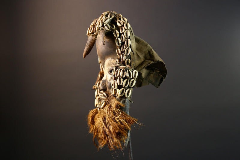 Authentic Dan Tribe Shell Mask Hand Carved Cowrie Raffia Beard African Wall Decor Tribal Art Sculpture Collectible Home Hanging Mask-G5695