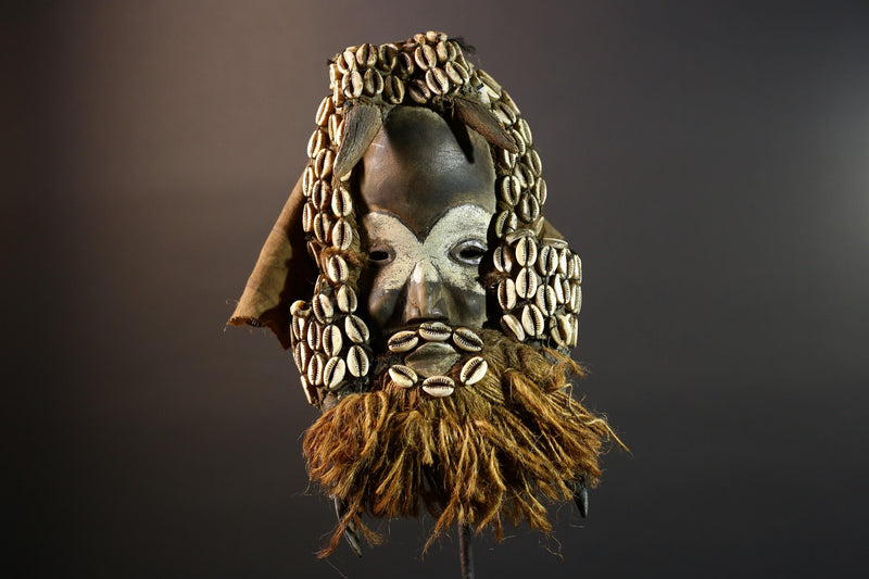 Authentic Dan Tribe Shell Mask Hand Carved Cowrie Raffia Beard African Wall Decor Tribal Art Sculpture Collectible Home Hanging Mask-G5695