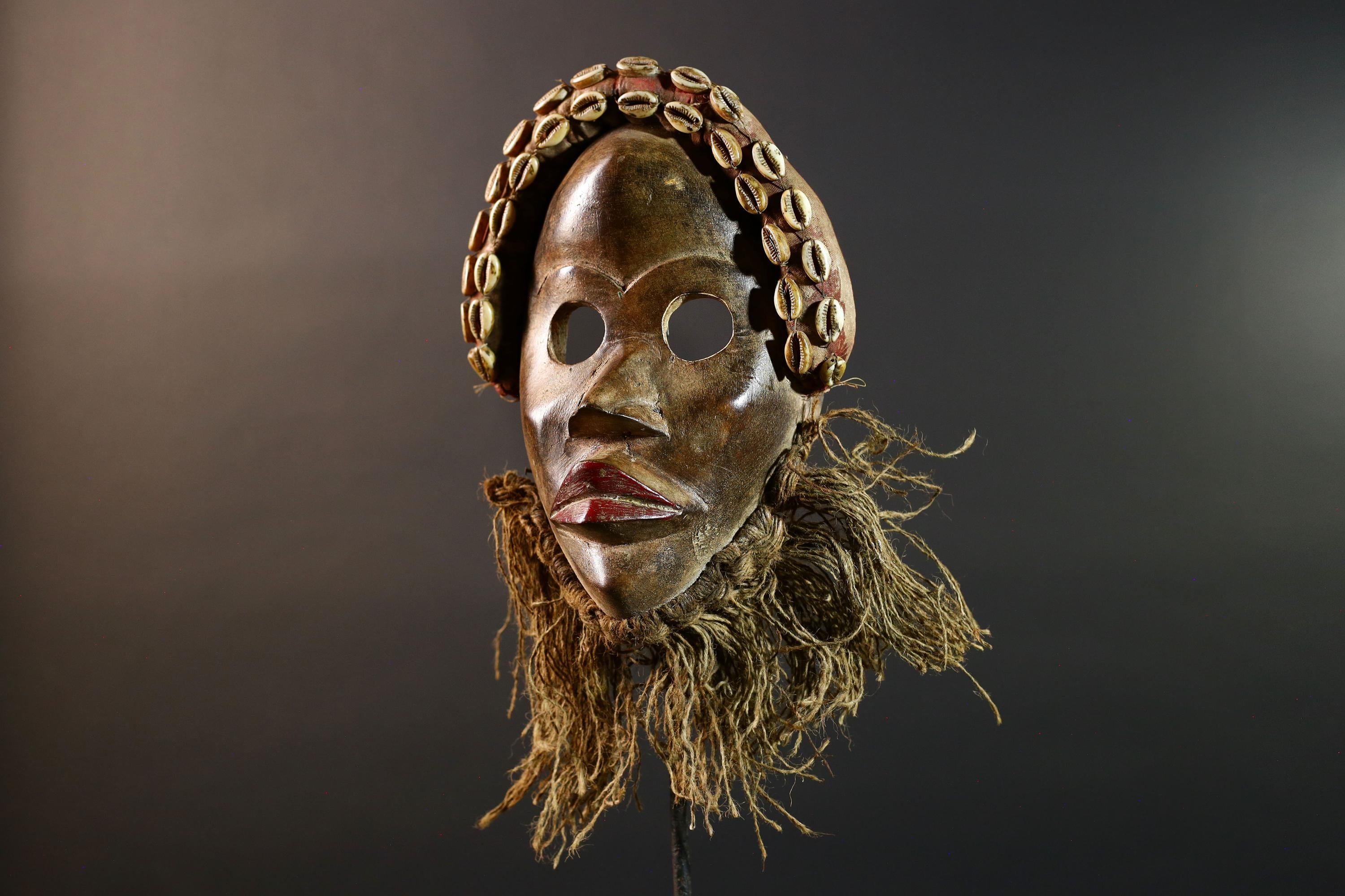 African Dan Mask Hand Carved Cowrie Shell Rustic Tribal Wall Decor Art Sculpture Gallery Display Very Unique Home Accent Wood Carving-G5696