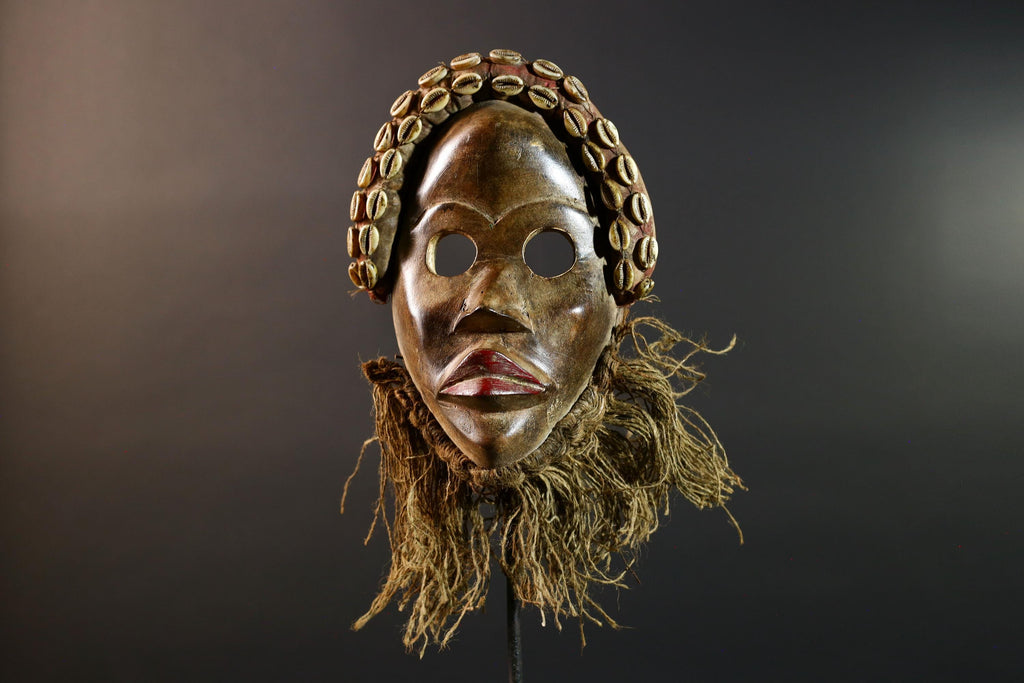 African Dan Mask Hand Carved Cowrie Shell Rustic Tribal Wall Decor Art Sculpture Gallery Display Very Unique Home Accent Wood Carving-G5696