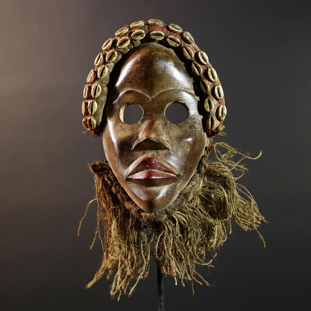 African Dan Mask Hand Carved Cowrie Shell Rustic Tribal Wall Decor Art Sculpture Gallery Display Very Unique Home Accent Wood Carving-G5696