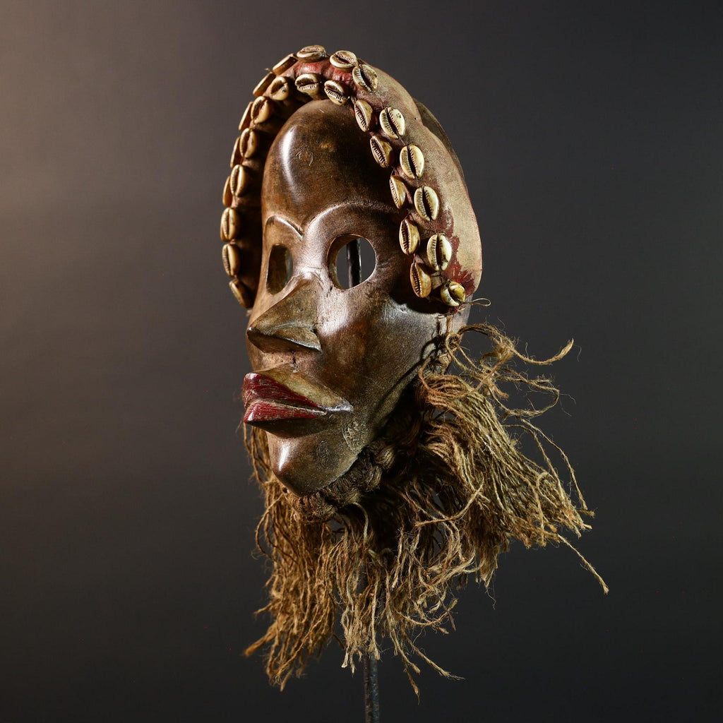 African Dan Mask Hand Carved Cowrie Shell Rustic Tribal Wall Decor Art Sculpture Gallery Display Very Unique Home Accent Wood Carving-G5696