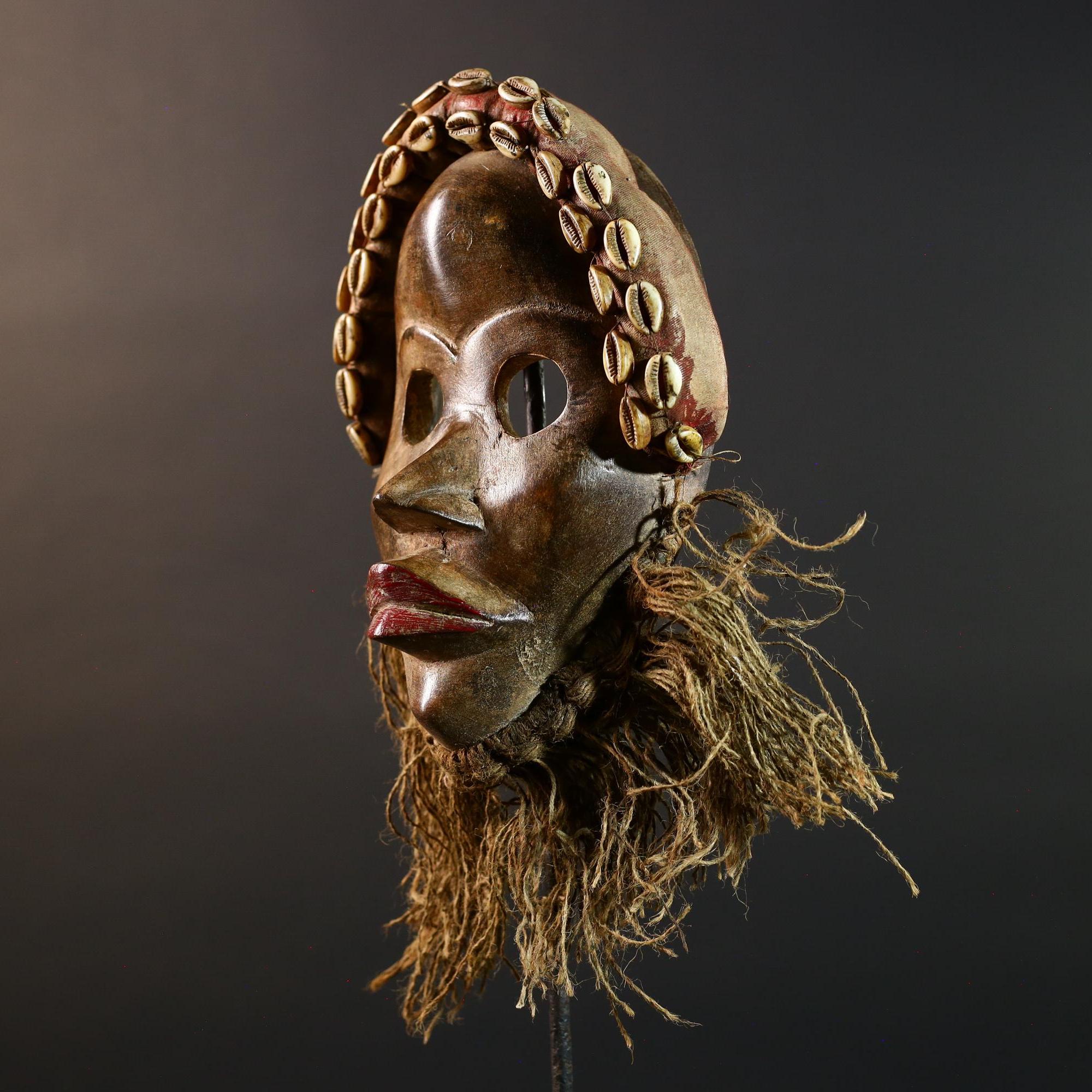 African Dan Mask Hand Carved Cowrie Shell Rustic Tribal Wall Decor Art Sculpture Gallery Display Very Unique Home Accent Wood Carving-G5696
