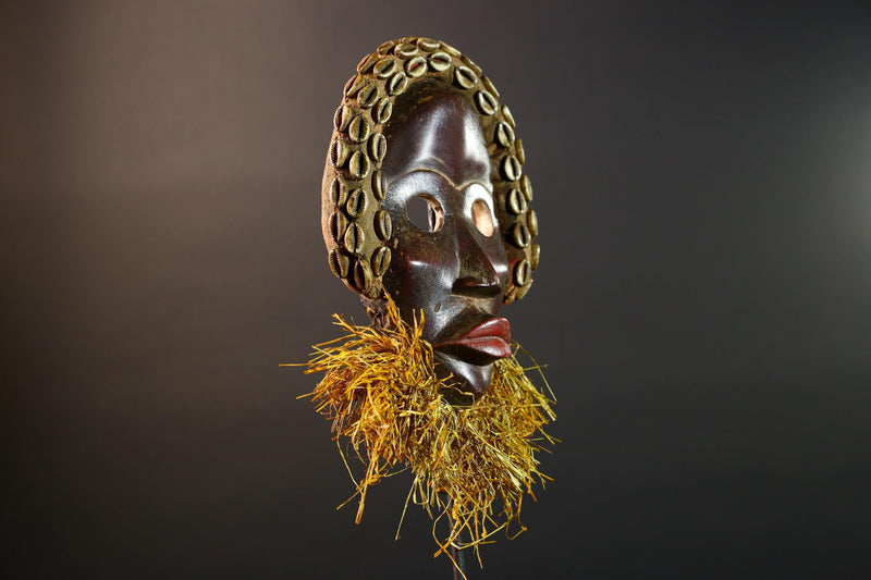 African Dan Mask Cowrie Shell Raffia Beard Hand Carved Wooden Ethnic Tribal Wall Hanging Art Sculpture Patina Handpainted RusticII ECO-G5697