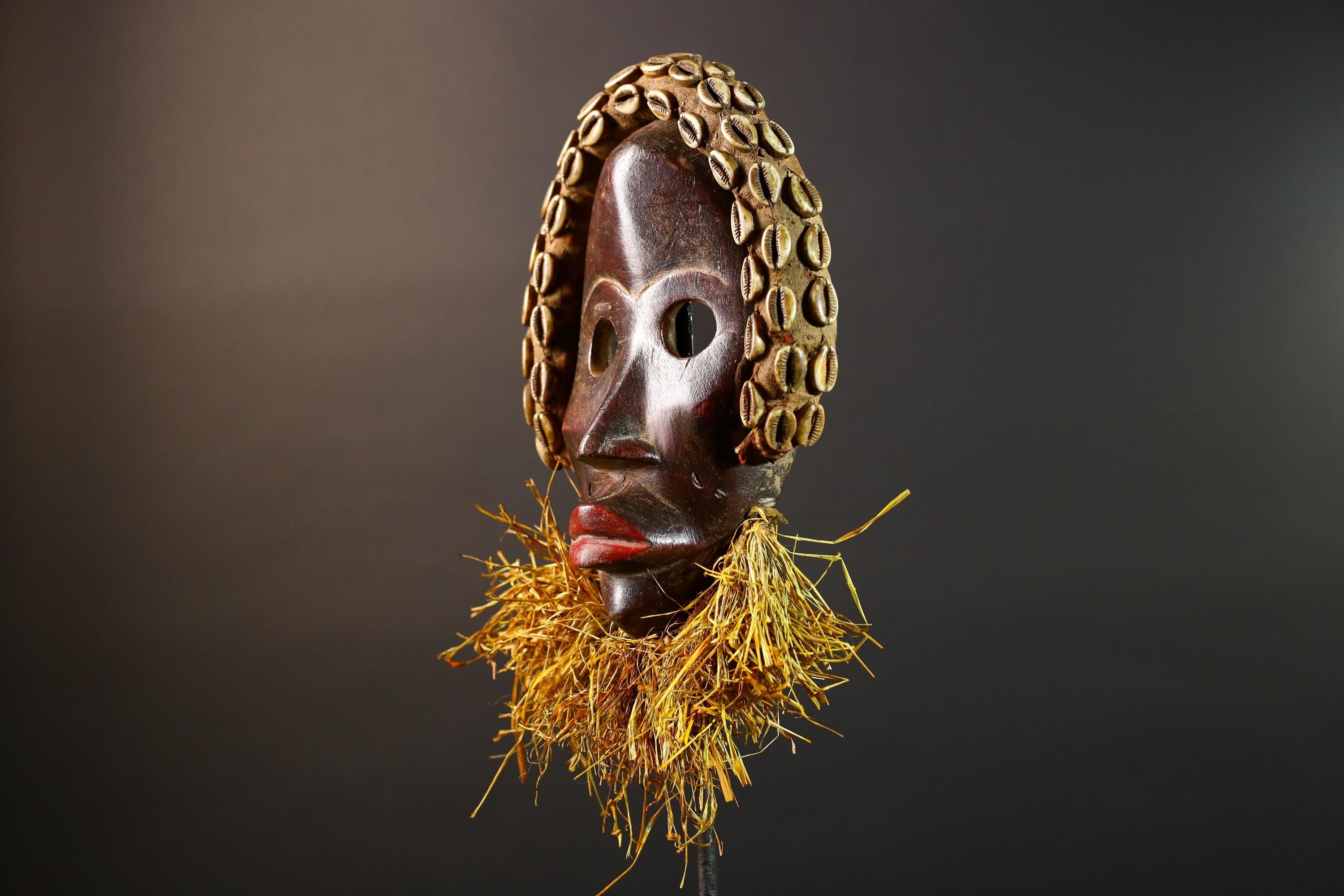 African Dan Mask Cowrie Shell Raffia Beard Hand Carved Wooden Ethnic Tribal Wall Hanging Art Sculpture Patina Handpainted RusticII ECO-G5697