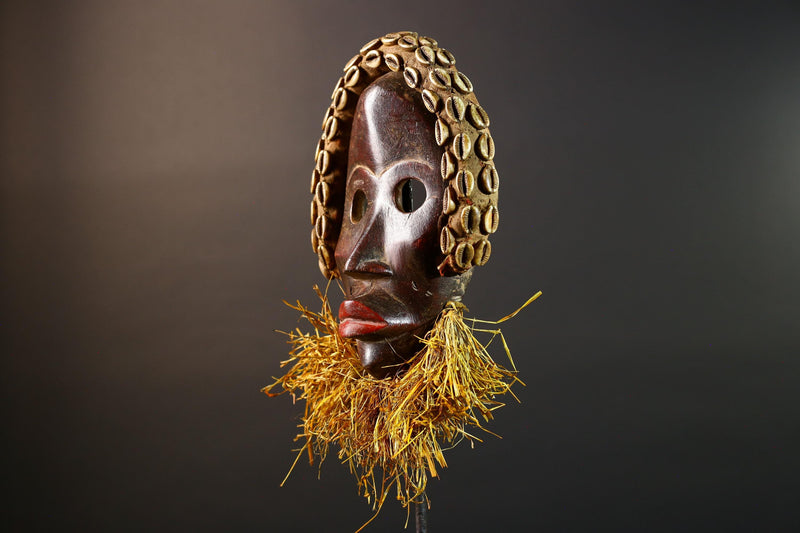 African Dan Mask Cowrie Shell Raffia Beard Hand Carved Wooden Ethnic Tribal Wall Hanging Art Sculpture Patina Handpainted RusticII ECO-G5697