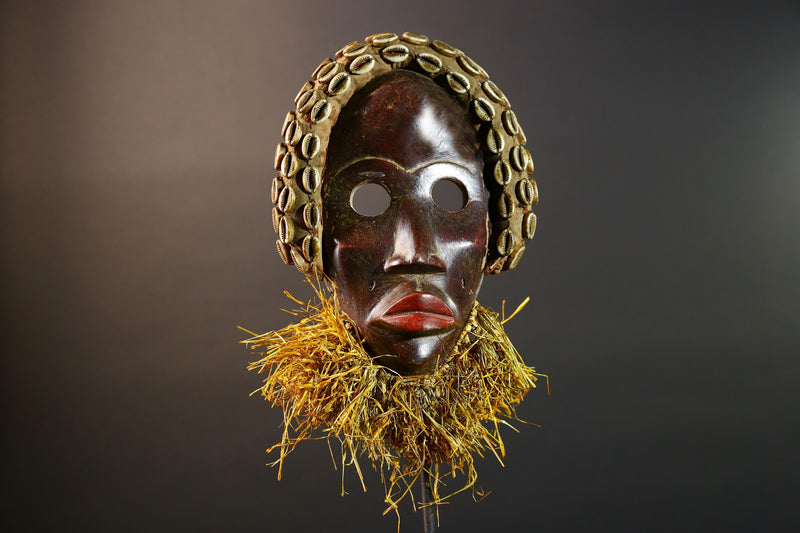 African Dan Mask Cowrie Shell Raffia Beard Hand Carved Wooden Ethnic Tribal Wall Hanging Art Sculpture Patina Handpainted RusticII ECO-G5697