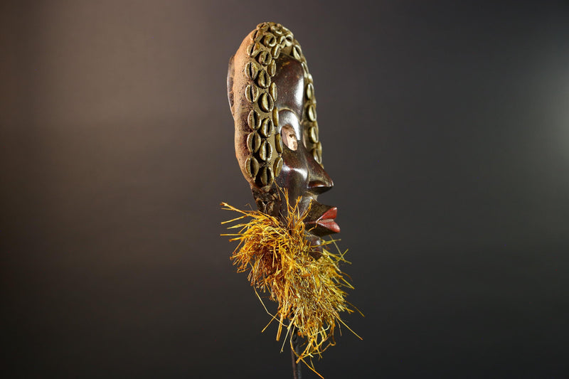 African Dan Mask Cowrie Shell Raffia Beard Hand Carved Wooden Ethnic Tribal Wall Hanging Art Sculpture Patina Handpainted RusticII ECO-G5697