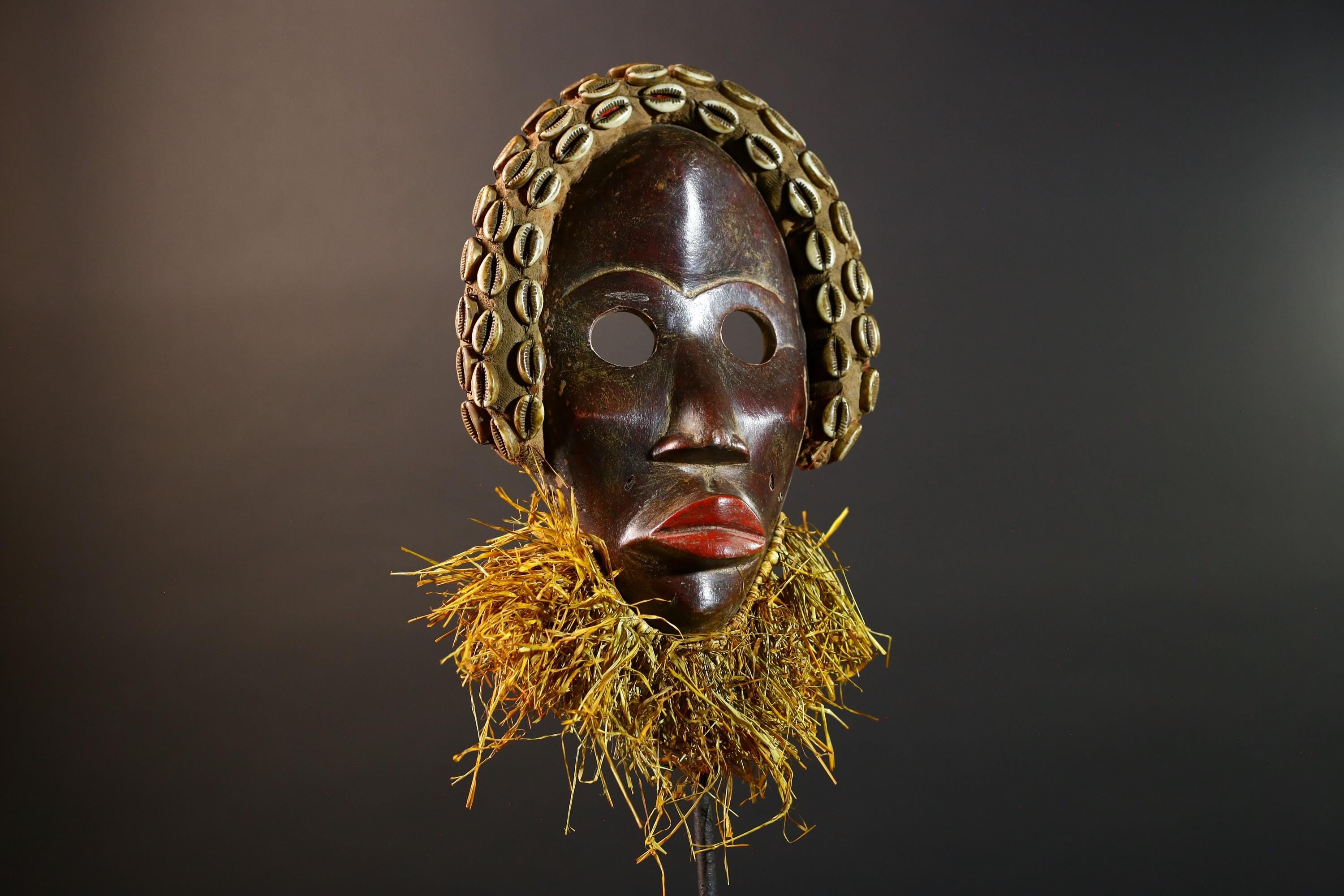 African Dan Mask Cowrie Shell Raffia Beard Hand Carved Wooden Ethnic Tribal Wall Hanging Art Sculpture Patina Handpainted RusticII ECO-G5697