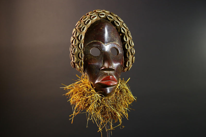 African Dan Mask Cowrie Shell Raffia Beard Hand Carved Wooden Ethnic Tribal Wall Hanging Art Sculpture Patina Handpainted RusticII ECO-G5697