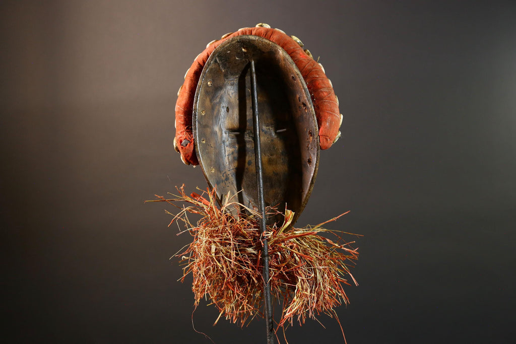African Cowrie Mask Raffia Beard Mask Tribal Wall Decor Handcrafted Wood Mask Ethnic Home Accent Wooden Artwork Mask Unique Mask-G5698
