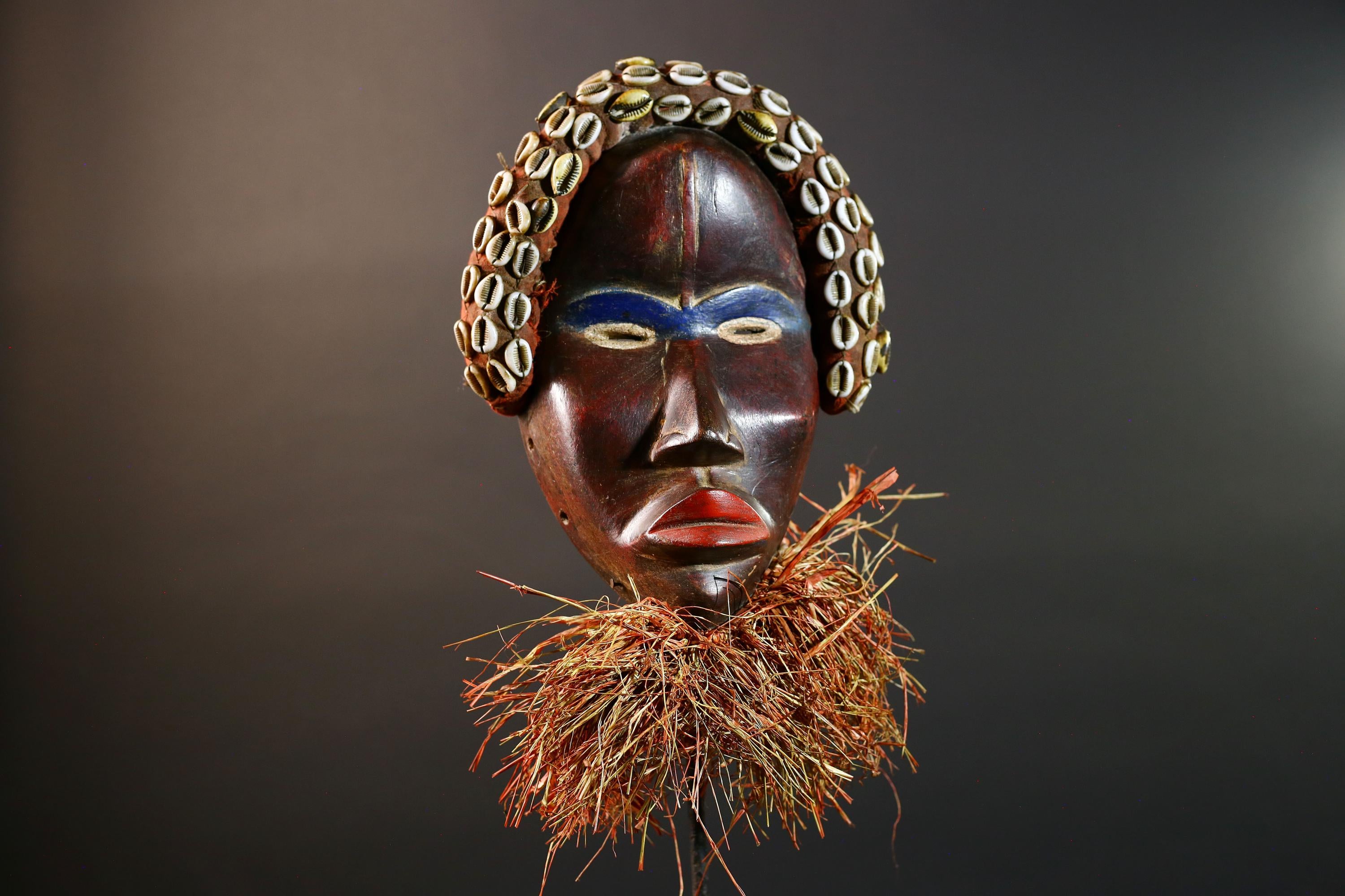 African Cowrie Mask Raffia Beard Mask Tribal Wall Decor Handcrafted Wood Mask Ethnic Home Accent Wooden Artwork Mask Unique Mask-G5698