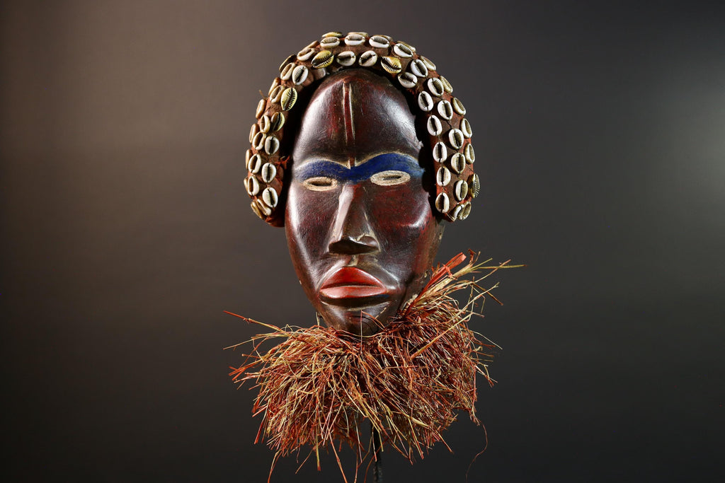 African Cowrie Mask Raffia Beard Mask Tribal Wall Decor Handcrafted Wood Mask Ethnic Home Accent Wooden Artwork Mask Unique Mask-G5698