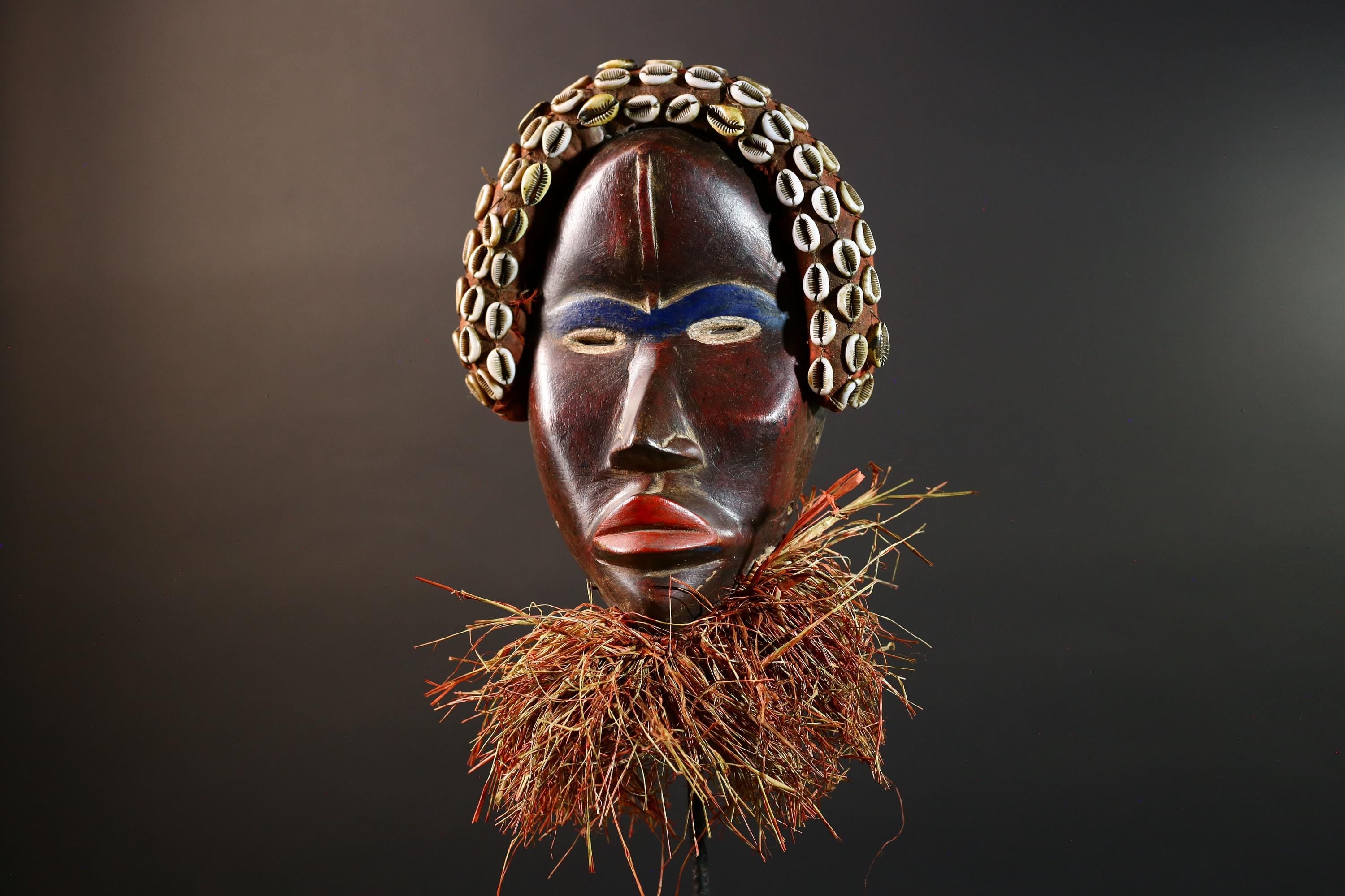 African Cowrie Mask Raffia Beard Mask Tribal Wall Decor Handcrafted Wood Mask Ethnic Home Accent Wooden Artwork Mask Unique Mask-G5698