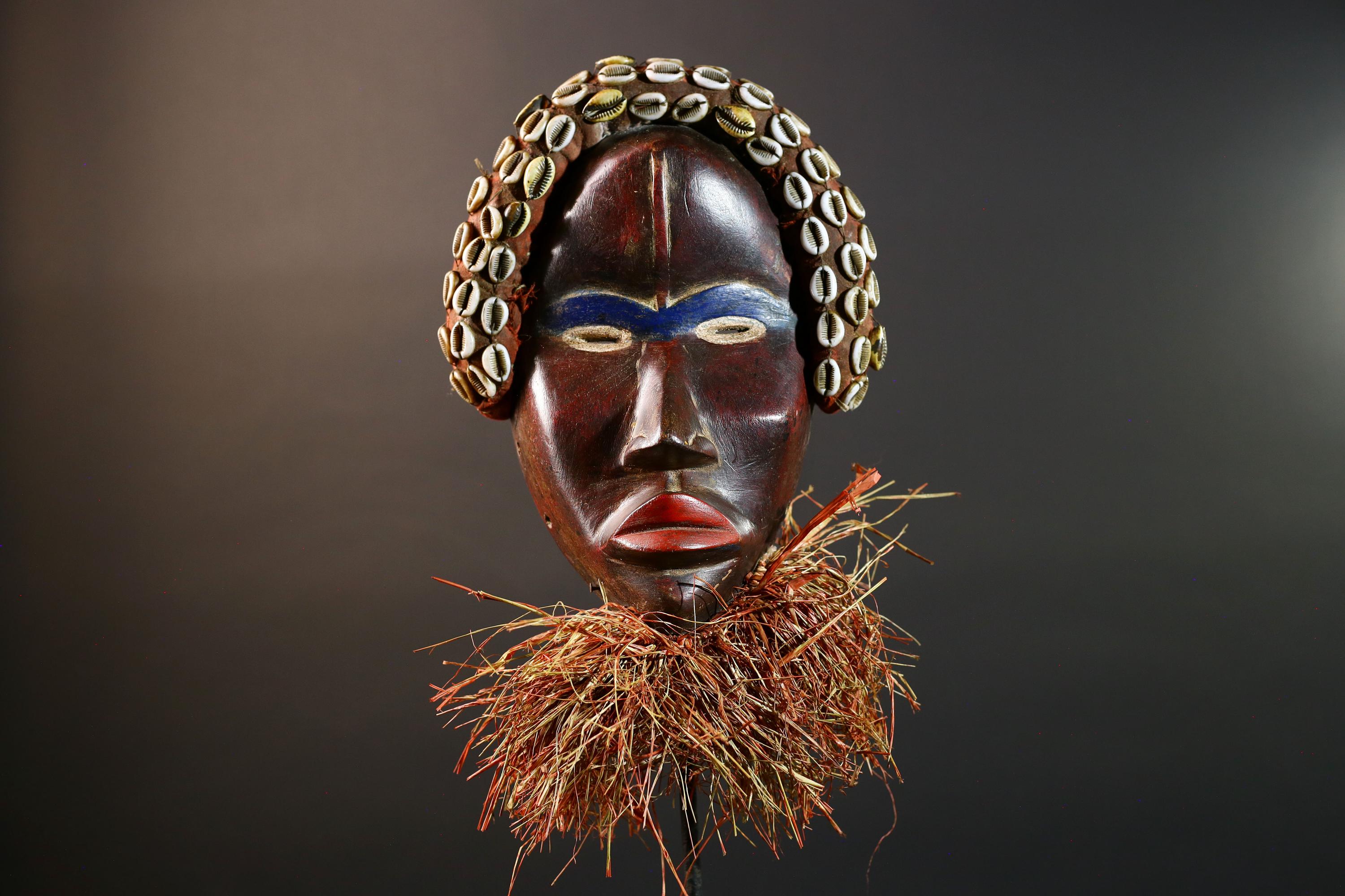 African Cowrie Mask Raffia Beard Mask Tribal Wall Decor Handcrafted Wood Mask Ethnic Home Accent Wooden Artwork Mask Unique Mask-G5698
