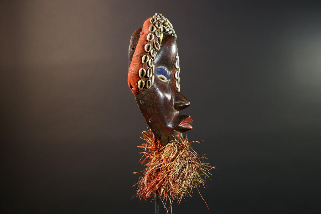 African Cowrie Mask Raffia Beard Mask Tribal Wall Decor Handcrafted Wood Mask Ethnic Home Accent Wooden Artwork Mask Unique Mask-G5698