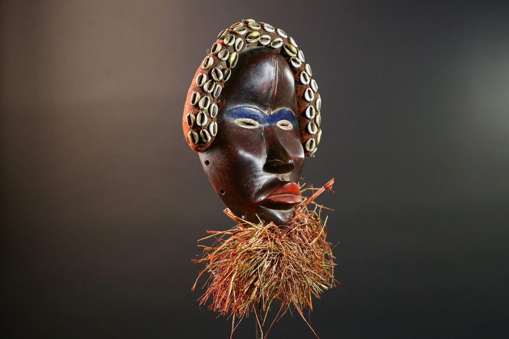 African Cowrie Mask Raffia Beard Mask Tribal Wall Decor Handcrafted Wood Mask Ethnic Home Accent Wooden Artwork Mask Unique Mask-G5698
