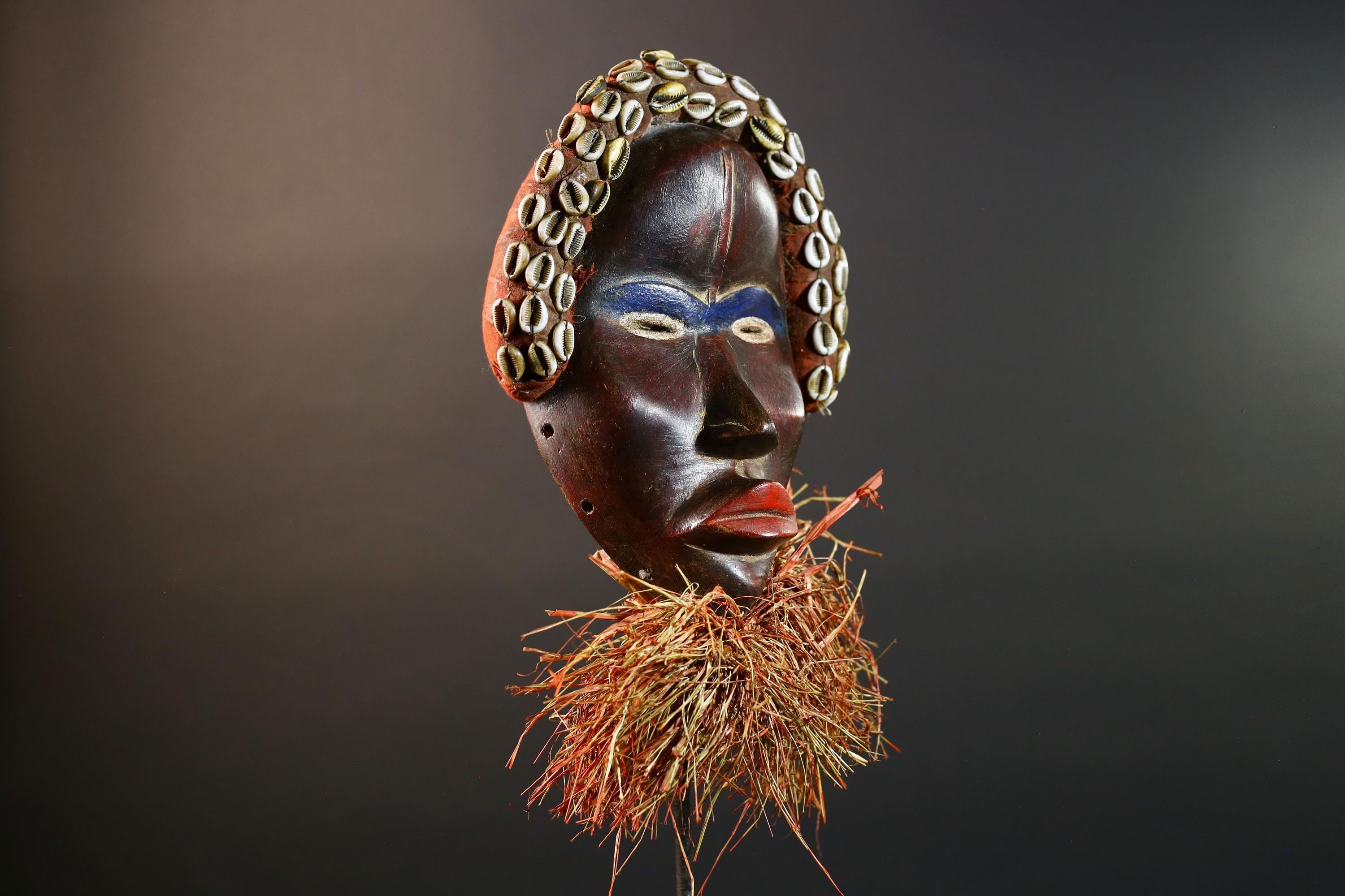 African Cowrie Mask Raffia Beard Mask Tribal Wall Decor Handcrafted Wood Mask Ethnic Home Accent Wooden Artwork Mask Unique Mask-G5698