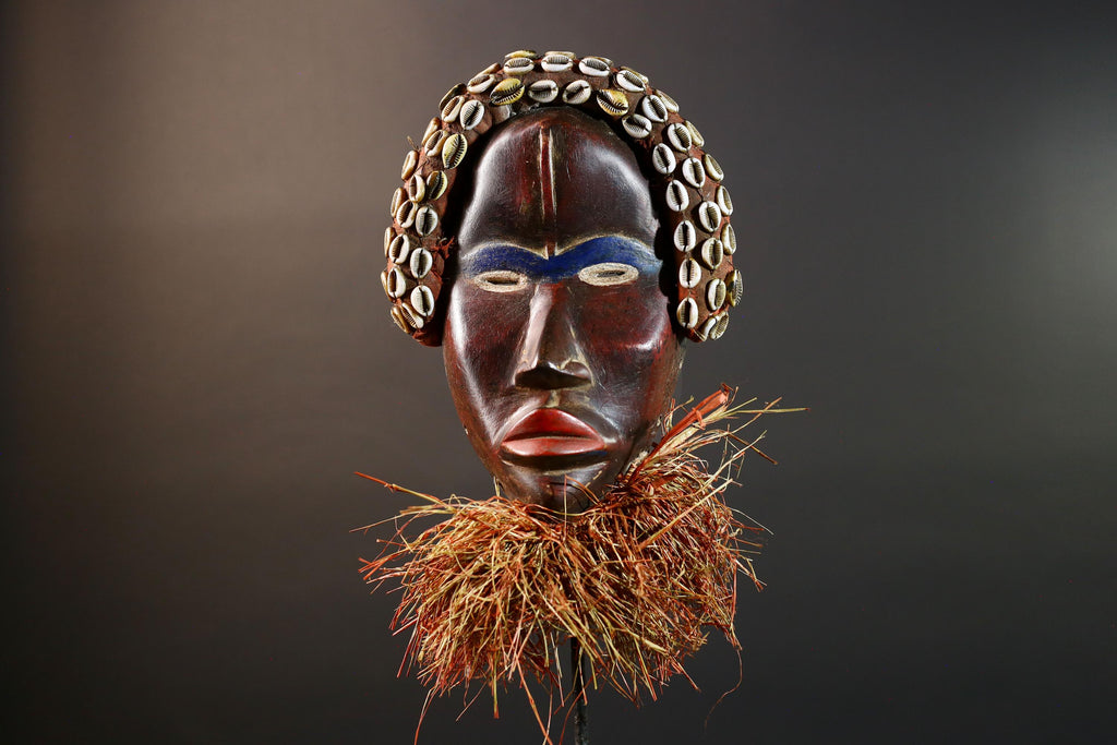 African Cowrie Mask Raffia Beard Mask Tribal Wall Decor Handcrafted Wood Mask Ethnic Home Accent Wooden Artwork Mask Unique Mask-G5698