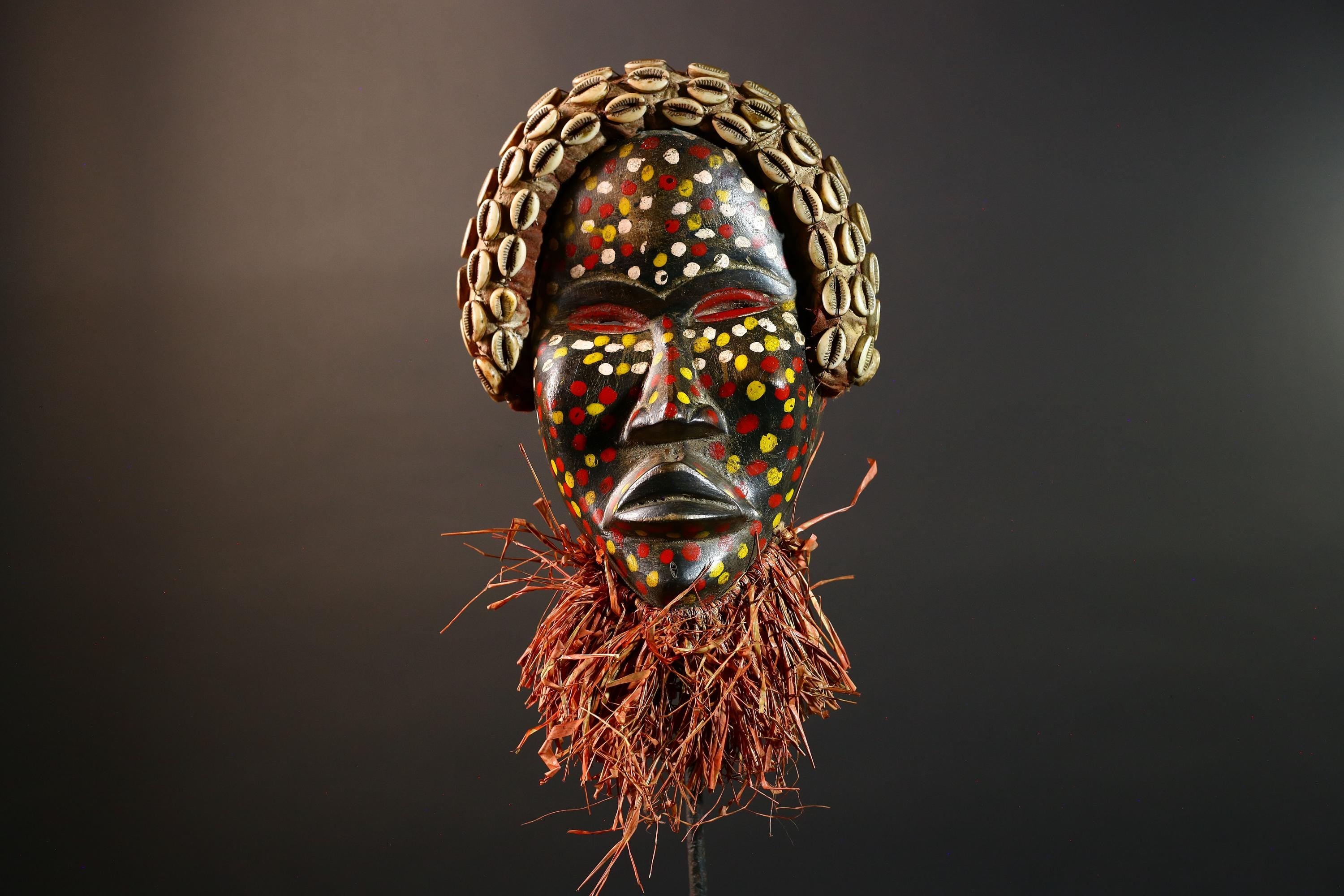 Authentic African Cowrie Shell Mask with Colorful and Raffia Beard Hand-Carved Wooden Tribal Face Wall Art Collectible Decor Piece-G5699