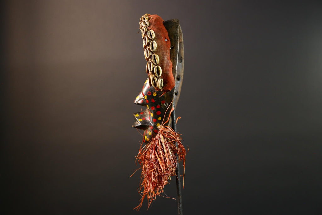 Authentic African Cowrie Shell Mask with Colorful and Raffia Beard Hand-Carved Wooden Tribal Face Wall Art Collectible Decor Piece-G5699