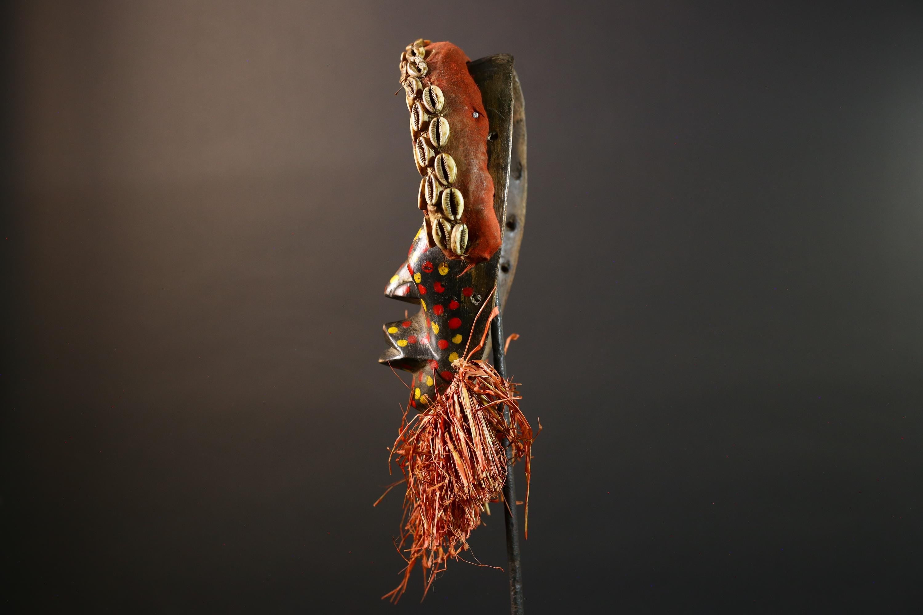 Authentic African Cowrie Shell Mask with Colorful and Raffia Beard Hand-Carved Wooden Tribal Face Wall Art Collectible Decor Piece-G5699