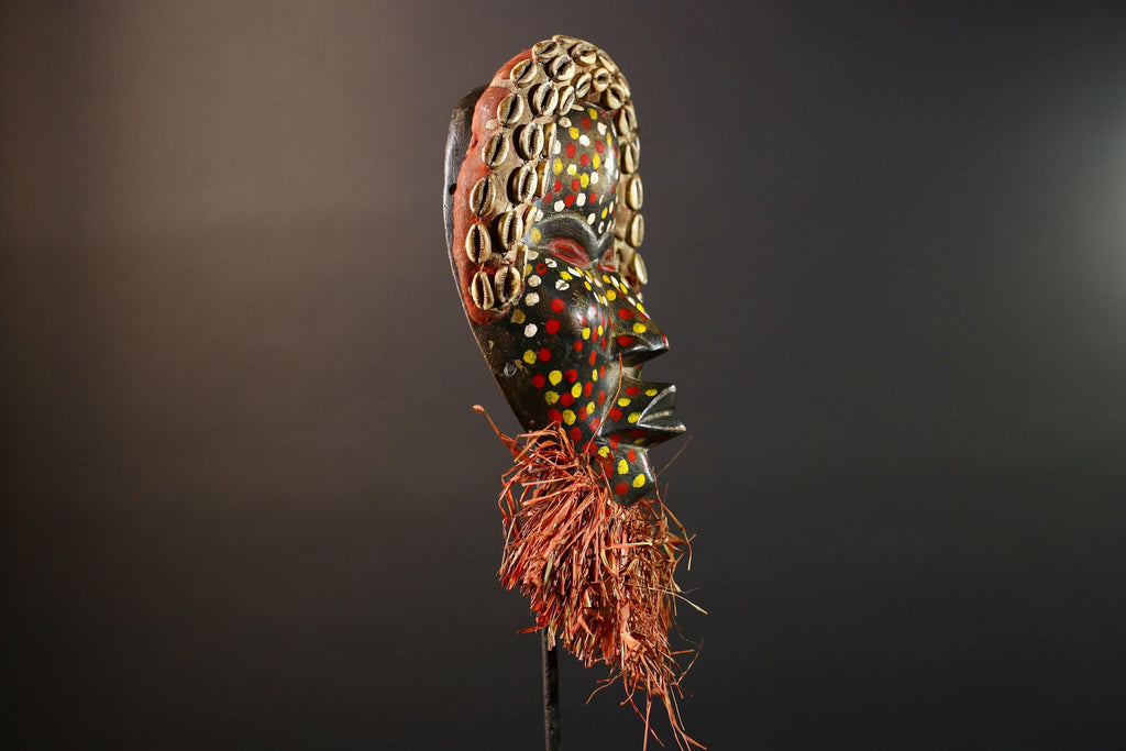 Authentic African Cowrie Shell Mask with Colorful and Raffia Beard Hand-Carved Wooden Tribal Face Wall Art Collectible Decor Piece-G5699