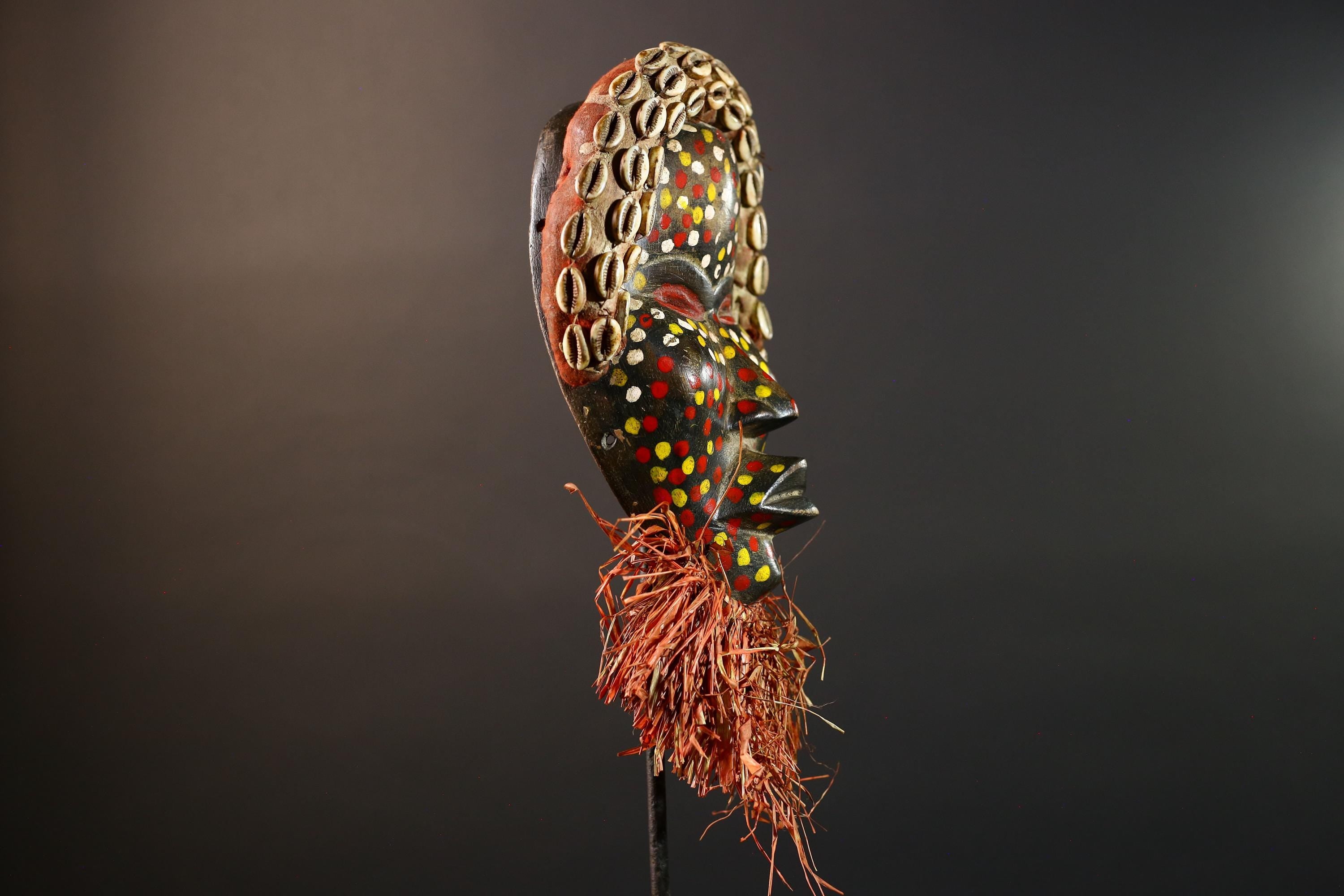 Authentic African Cowrie Shell Mask with Colorful and Raffia Beard Hand-Carved Wooden Tribal Face Wall Art Collectible Decor Piece-G5699