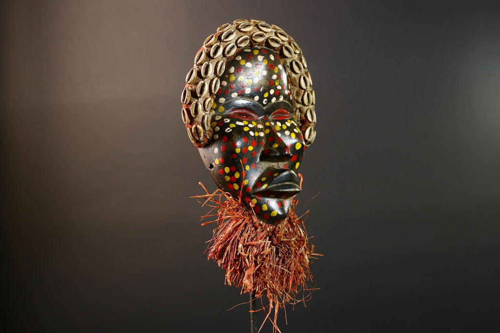 Authentic African Cowrie Shell Mask with Colorful and Raffia Beard Hand-Carved Wooden Tribal Face Wall Art Collectible Decor Piece-G5699