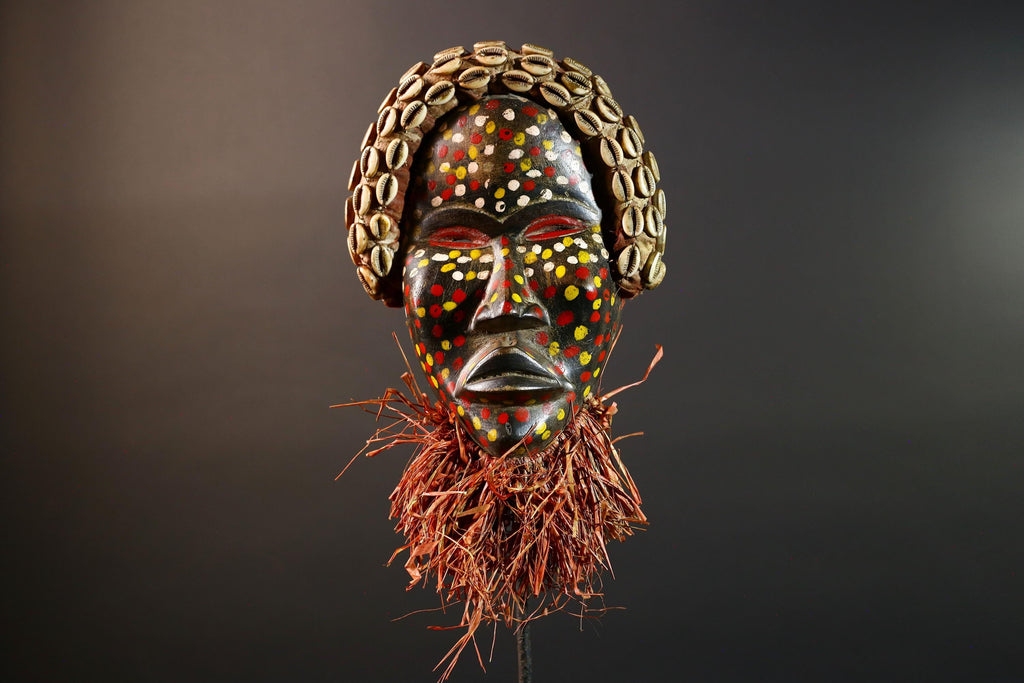 Authentic African Cowrie Shell Mask with Colorful and Raffia Beard Hand-Carved Wooden Tribal Face Wall Art Collectible Decor Piece-G5699