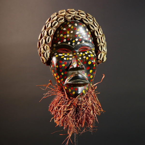 Authentic African Cowrie Shell Mask with Colorful and Raffia Beard Hand-Carved Wooden Tribal Face Wall Art Collectible Decor Piece-G5699