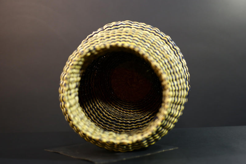 Woven Raffia Storage Basket Boho Home Décor Yellow & Navy Handcrafted Tribal Art Accent Piece Small Organizer Gift for Living Room G5707
